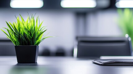 Minimalist meeting table with soft lighting, symbolizing focus and professionalism in a modern workspace.
