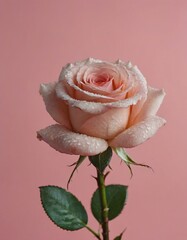 single red rose with dew droplets on a plain pastel pink background romantic and elegant (6)