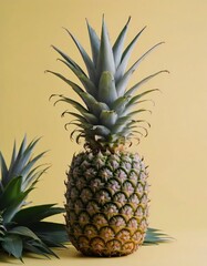 Fototapeta premium single ripe pineapple with green spiky leaves placed upright on a plain pastel yellow background tropical and fresh (2)