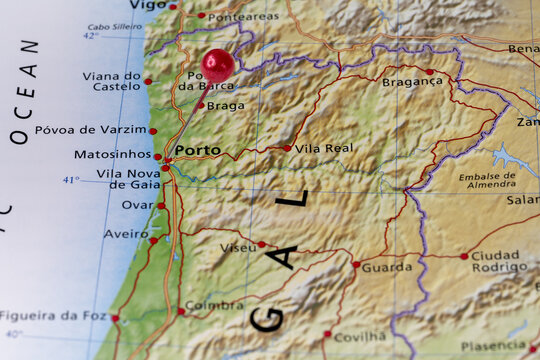 Colorful tourist location map with red stick pin at Porto, Portugal and the surrounding area