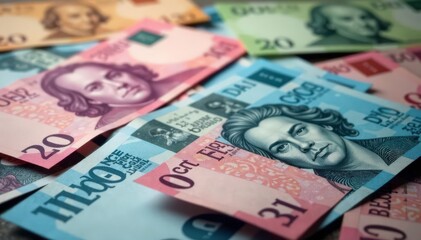Obraz premium Abstract blurred background with various currency notes, cash, economy, pattern