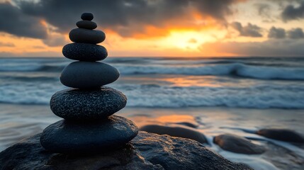 A serene stack of balanced stones sits on a coastal rock at sunset overlooking a tranquil ocean scene.