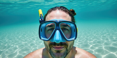 Naklejka premium Man Snorkeling Underwater with Blue Mask and Snorkel in Crystal Clear Ocean Water