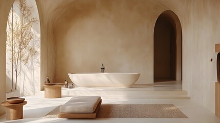 A serene minimalist bathroom features a freestanding bathtub arched and natural light illuminating the neutral color palette creating a