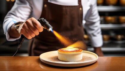 A close-up of a pastry chef caramelizing the sugar topping on a cr&egrave;me Brul&eacute; with a culinary, Generated image