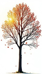 Branches of bare trees isolated on white background with sunlight filtering through leaves, tree, branches