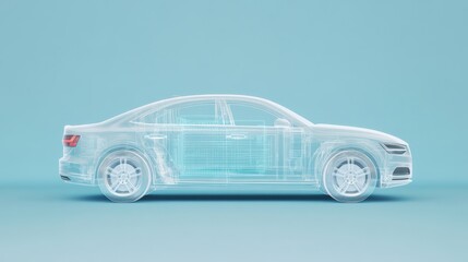 A transparent, wireframe model of a car against a light blue background, showcasing its internal structure and design.