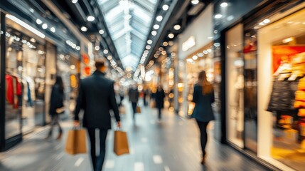 Shoppers walking down indoor mall aisle. Bright lights, retail shops, blurred background