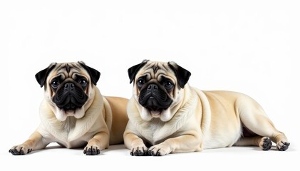 Fototapeta premium Charming pug rests, isolated on pure white backdrop, domestic, lying, canine