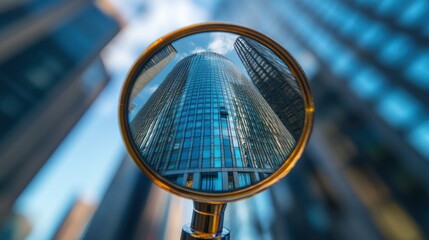Urban Reflection: Skyscrapers mirrored in a convex lens, showcasing architectural grandeur and modern city life.