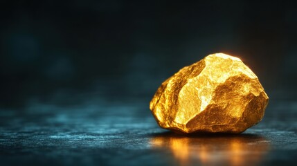 Naklejka premium A glowing golden rock sits on a dark surface, highlighting its texture and shine against a blurred background.