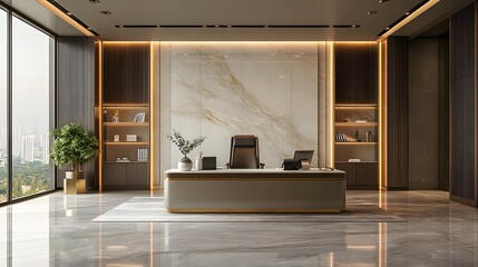 A luxurious modern executive office boasts a large marble wall, sleek desk, and city views from floor-to-ceiling offe a sophisticated