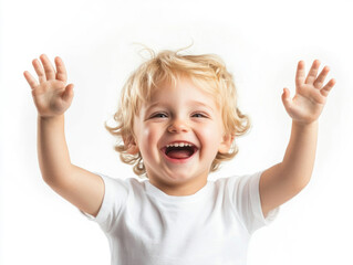 Joyful blond boy celebrating happiness against a white background