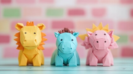 Naklejka premium Three vibrant origami animals, including a lion, horse, and dinosaur, are displayed in an art studio with a pastel brick background