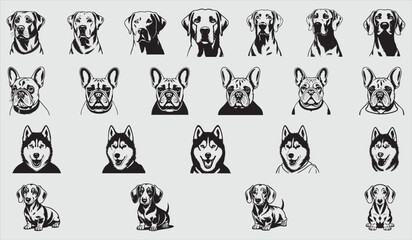 set of black silhouettes of animals vector, Collection of Dog Breeds in Black and White Vector Art