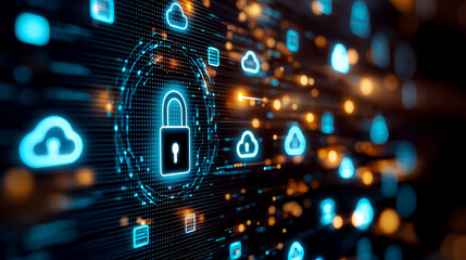 Obraz premium Digital Illustration of a Secure Data Network Featuring Glowing Padlock and Cloud Icons