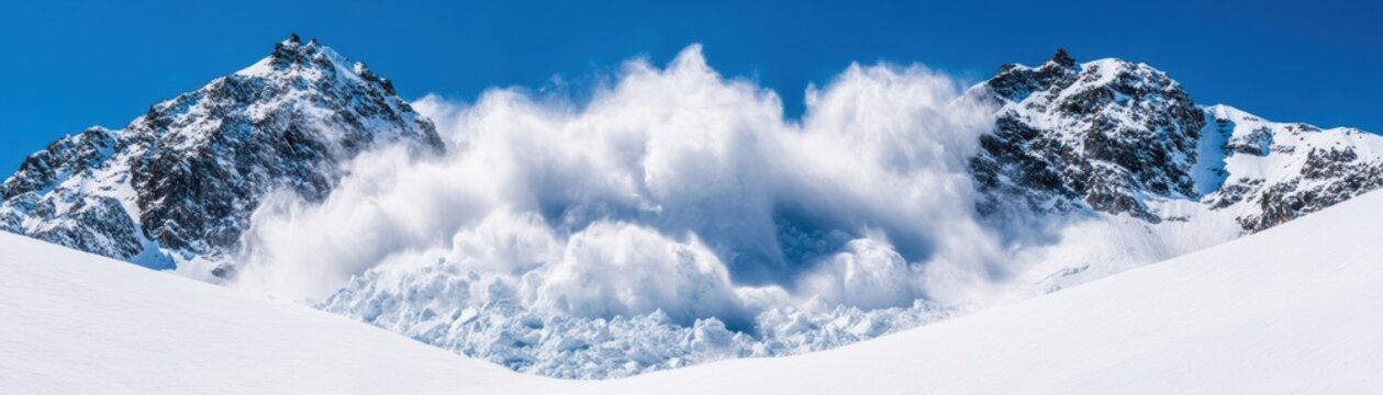 Majestic snow-covered mountains with a dramatic avalanche cascading down, set against a clear blue sky.