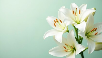 Fototapeta premium Close-up of pristine white lilies on seamless background, soft, macro