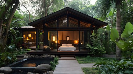 A luxurious modern cabin led in a lush tropical jungle setting offers serene relaxation and breathtaking views.