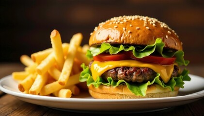 Close-up shot of greasy burger and fries on white , fries, cheese, studio