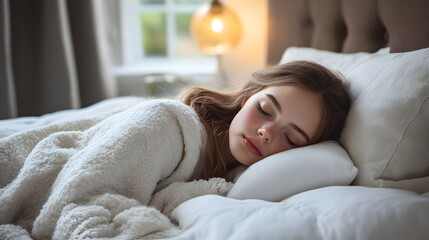 A young woman peacefully sleeps soundly in her bed under a cozy white blanket on soft pillows in a comfortable bedroom.
