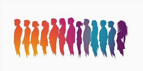 Silhouetted figures stand side-by-side against white background, colorful gradient