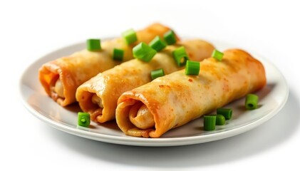 Crispy spring rolls, garnished with scallions, isolated, chinese food, rolls