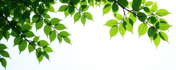 Dark green tree branches against pure white canvas, foliage, fresh, nature