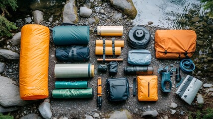 Essential camping gear neatly arranged on a rocky riverbank includes sleeping bags, mats, cooking equipment and dry bags for an outdoor adventure.