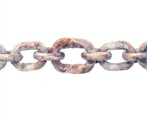 Obraz premium A rusted metal chain links together, showcasing weathered textures and a vintage aesthetic against a plain background.