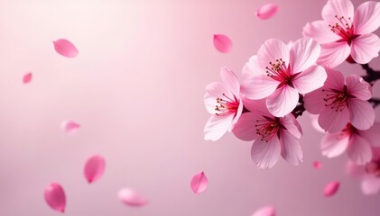 Fototapeta premium Delicate pink sakura blossoms, scattered petals on a soft background, japanese, cherry blossom