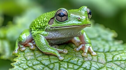 Obraz premium Close-up of a vibrant green frog on a leaf