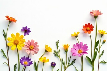 Fototapeta premium Delicate scattered wildflowers on white background, floral, flowers