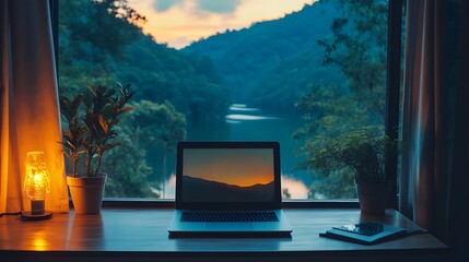 Fototapeta premium A laptop sits on a wooden ill overlooking a serene mountain lake at sunset; potted plants and a lamp add to the cozy ambiance of a remote