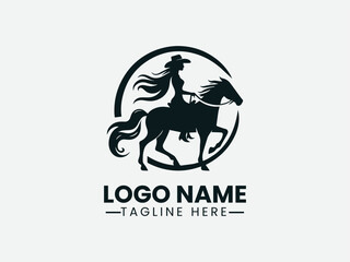 Cowgirl Silhouette Riding Horse Logo Design, Western Cowgirl Logo