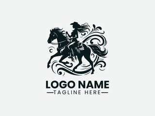 Cowgirl Silhouette Riding Horse Logo Design, Western Cowgirl Logo