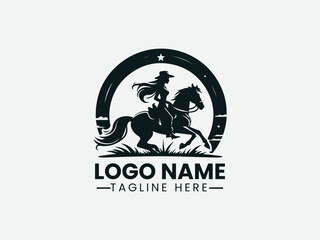 cowgirl silhouette riding horse under full moon. Western adventure logo