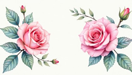 Delicate watercolor roses & leaves, soft pastel hues, elegant, soft