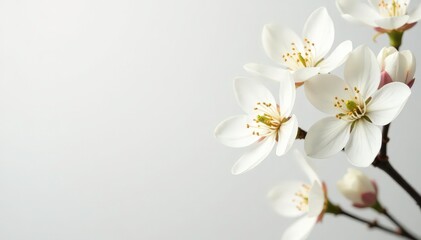 Delicate white blossoms on a stark white background, floral photography, white flowers