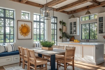 French country-style dining room with white and blue decor, built-in bench seating, glass chandelier, sun-themed wall art, and wood beam ceiling.