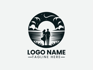 Couple Watching Sunset on Beach Logo Design, Sunset Beach Couple Logo, Romantic Sunset Beach Logo