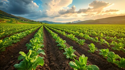 Lush green agricultural field at sunset with rows of healthy plants and a mountain backdrop under a dramatic sky.