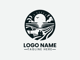 couple watching sunset on beach within arched frame. Romantic getaway logo
