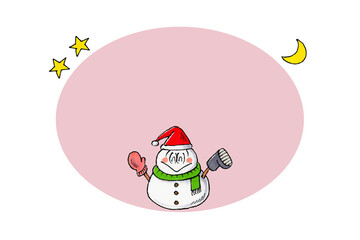 サンタ帽をかぶる雪だるま コピースペース(ピンク)