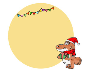 プレゼントを持つサンタ帽をかぶる犬 コピースペース