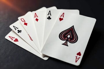 Obraz premium Four aces fanned out, showing detail of card design , pattern, poker hand, club