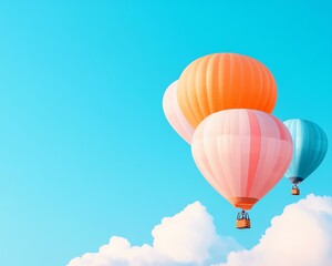 Naklejka premium Three vibrant hot air balloons ascend against a clear blue sky dotted with fluffy white clouds, evoking a sense of adventure and freedom.