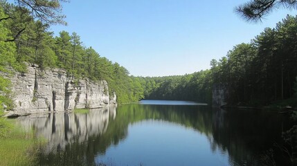 Fototapeta premium Peaceful lake reflecting cliffs in forest