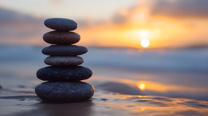 Serene sunset scene featu a balanced stack of smooth grey stones on a sandy beach at golden hour.