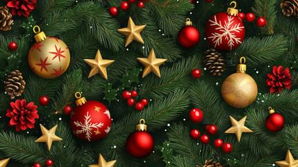 Christmas background with Christmas decorations, stars, and mistletoe.